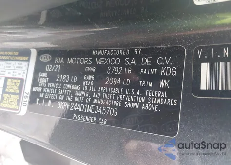 2021 Kia Forte Lxs из США, поврежденный, VIN 3KPF24AD1ME345709